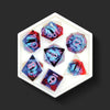 Oculus of the Fae red and blue dragon eye dice set top view