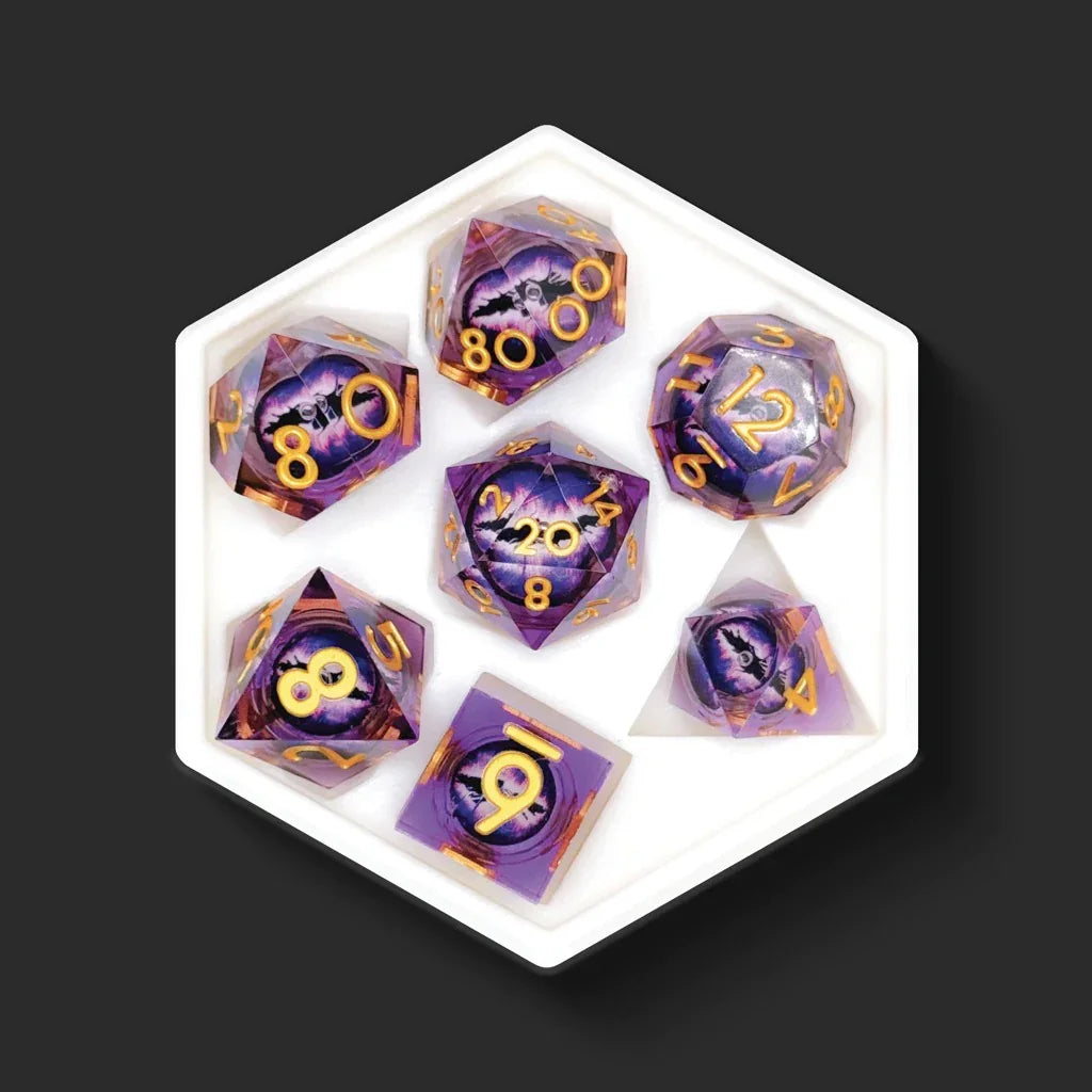 The Lich's Eye purple dragon eye dice set top view