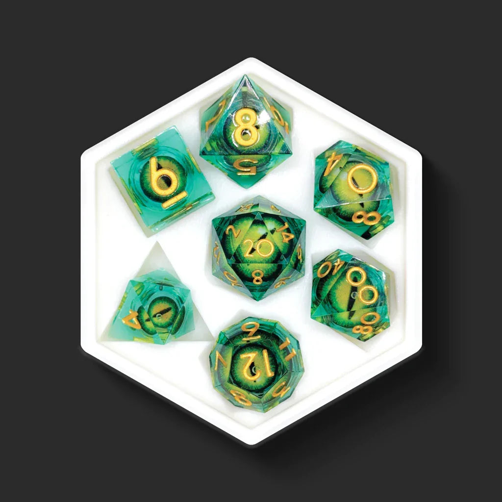 Golden Moss green dragon eye dice set top view