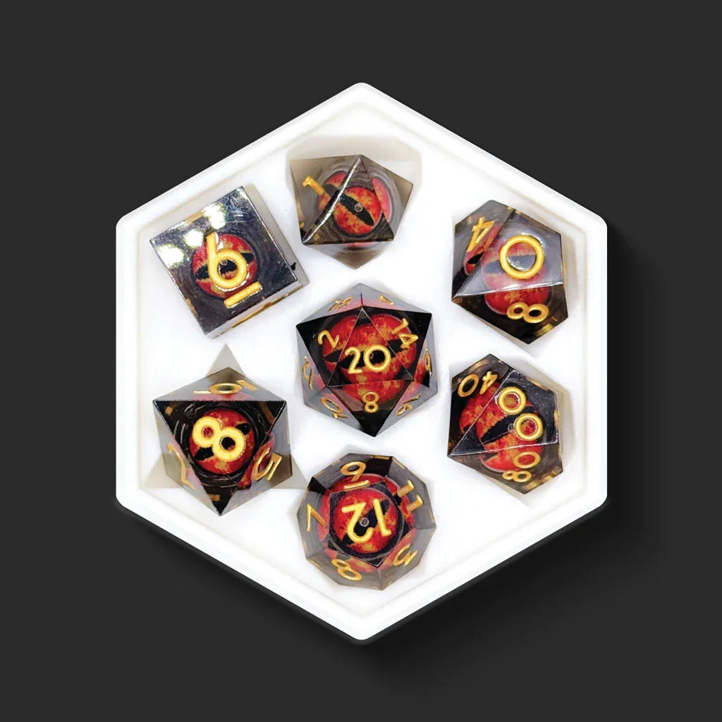 The King's Third Eye red and black dragon eye dice set top view
