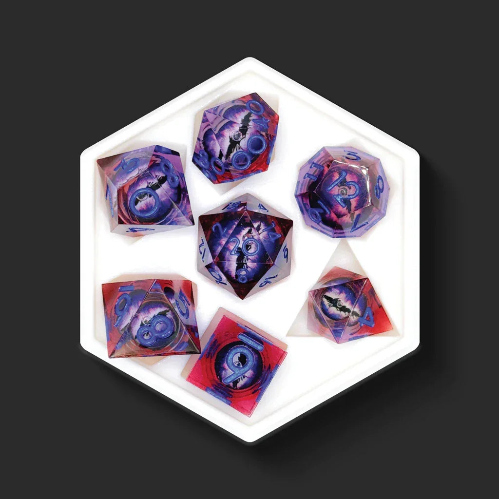 Watcher in the Depths red and blue dragon eye dice set top view