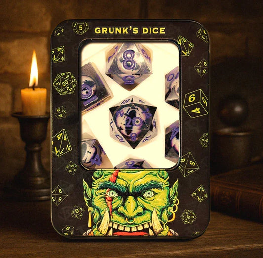 Amethyst Eye black and purple dragon eye dice set on table