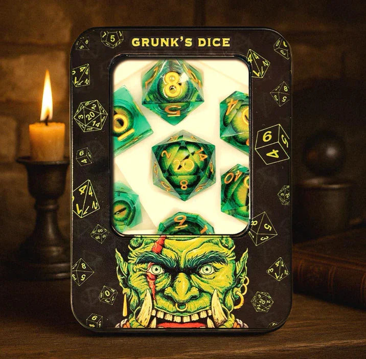 Golden Moss Eye green purple dragon eye dice set on table