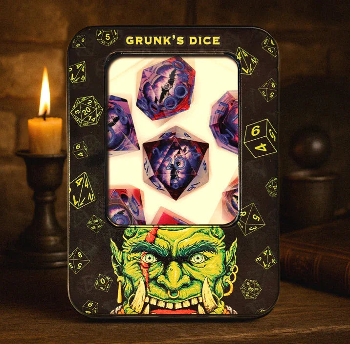 Watcher in the Depths purple and purple dragon eye dice set on table