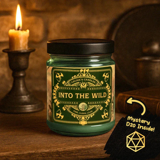 Grunk's Candles Into the Wild with mystery d20 on table